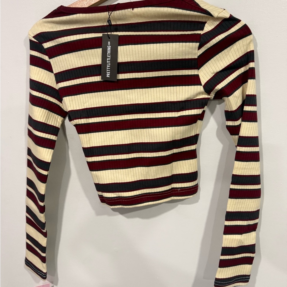 PrettyLittleThing Burgundy and Cream Striped Long Sleeve Top